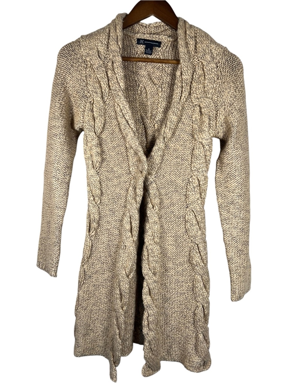 INC Wool Blend Cable Knit Longline Cardigan Womens S Fisherman Chunky Coastal